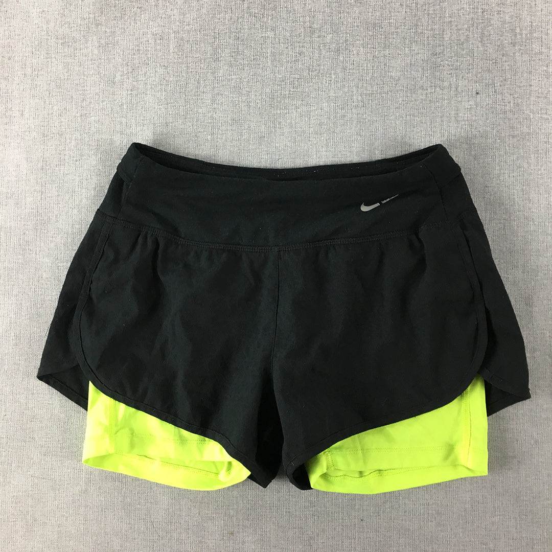 Nike Womens Running Shorts Size XS Black Green Layered Elastic Waist Logo