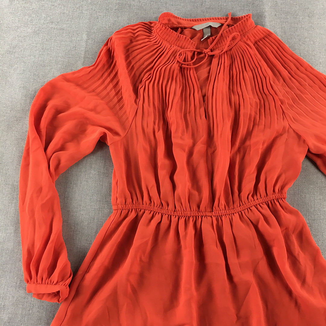 H&M Womens Mini Dress Size XS Orange Fit & Flare Long Sleeve Pleated