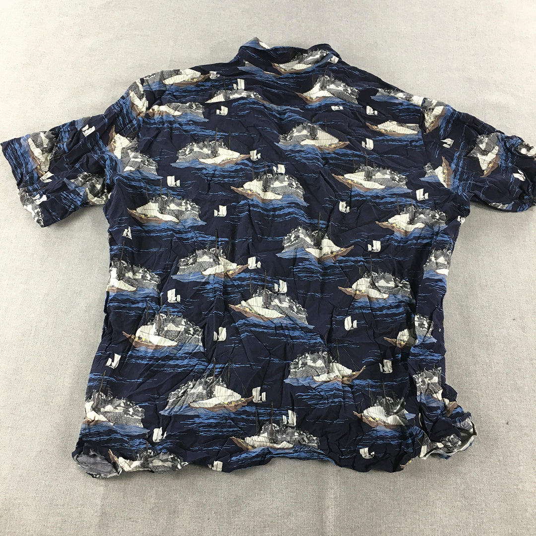 Uniqlo Mens Shirt Size XL Blue Sea Ship Boat Pattern Button-Up Short Sleeve