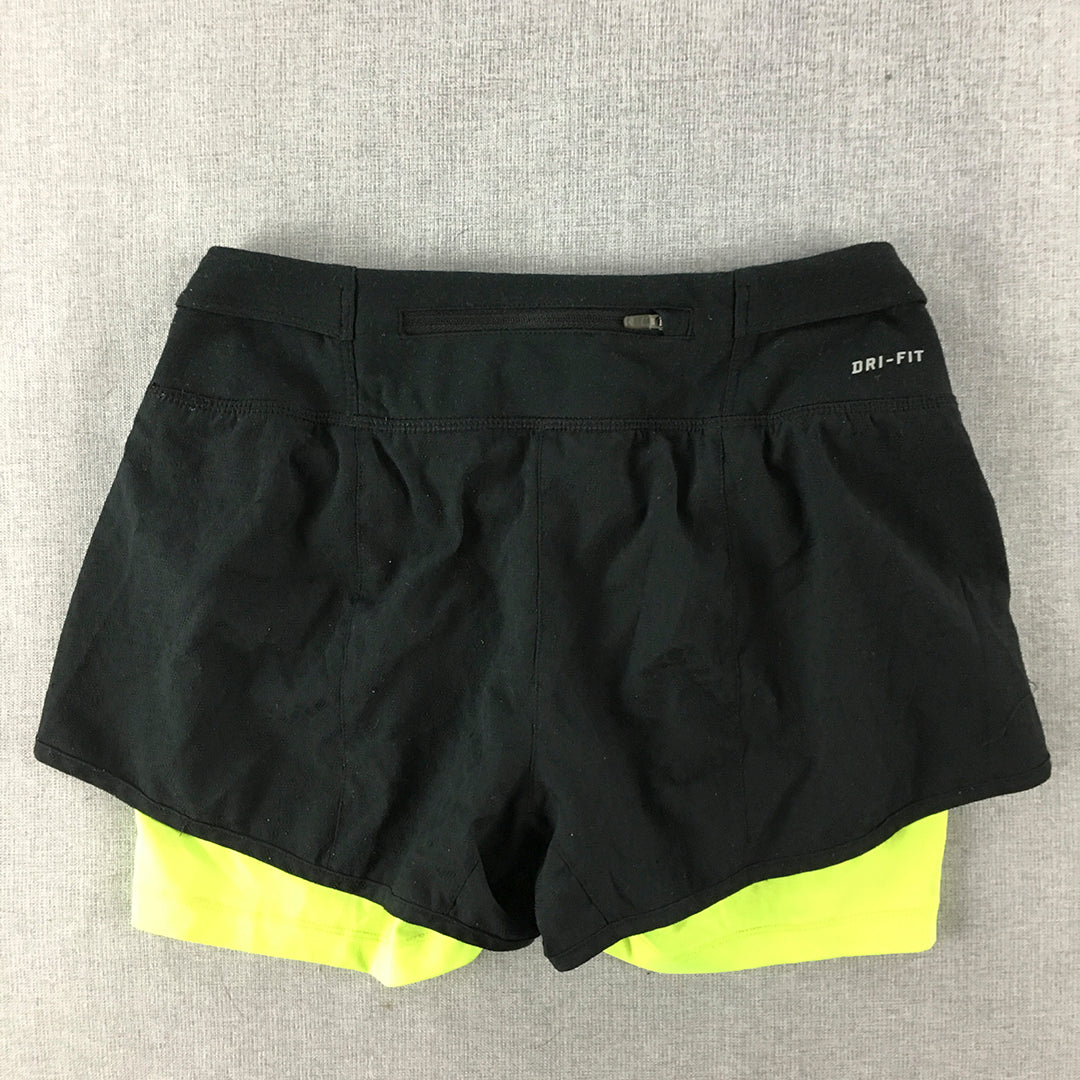 Nike Womens Running Shorts Size XS Black Green Layered Elastic Waist Logo