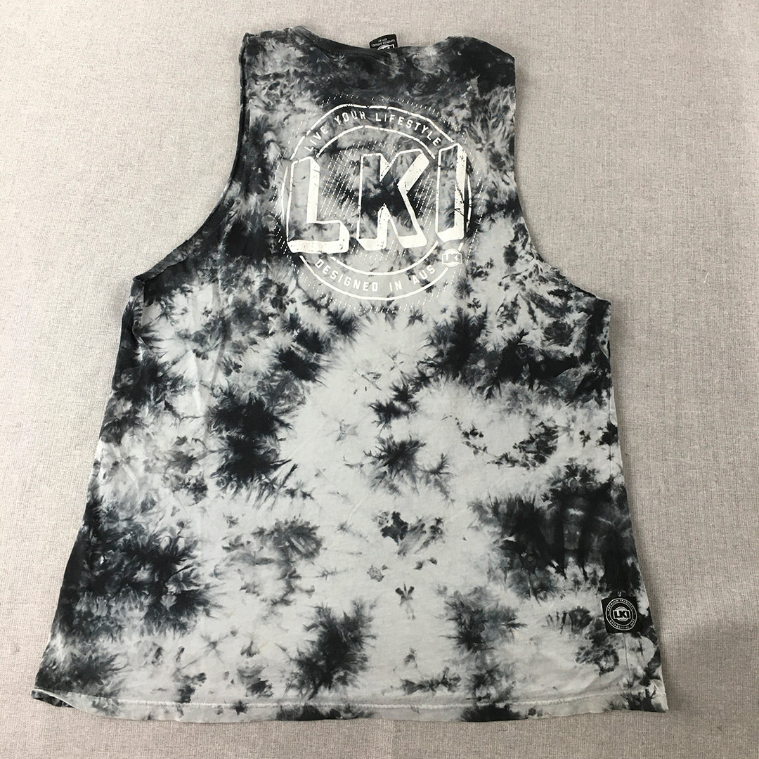 LKI Mens Tank Top Size L Black White Tie-Dye Sleeveless Crew Neck Shirt