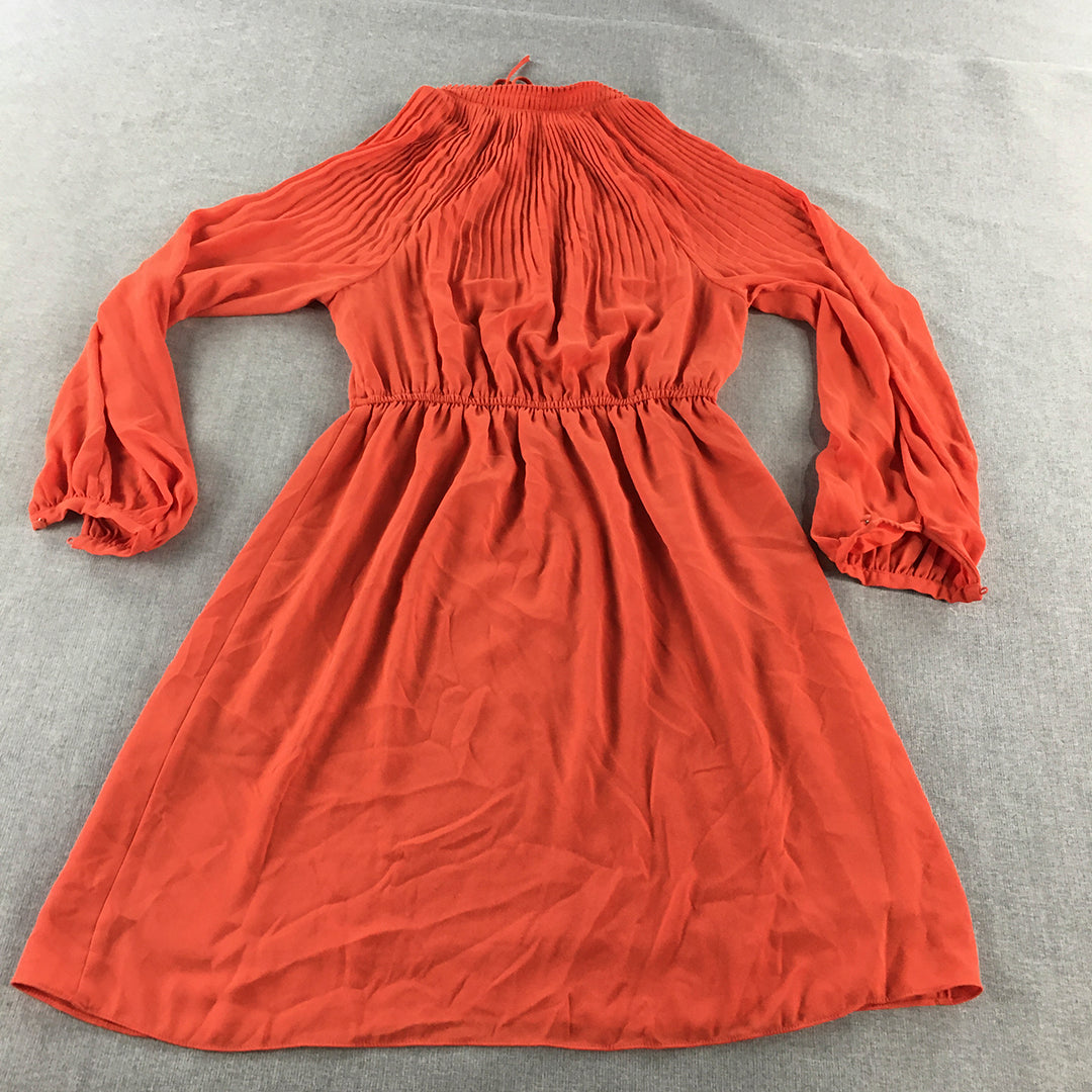 H&M Womens Mini Dress Size XS Orange Fit & Flare Long Sleeve Pleated