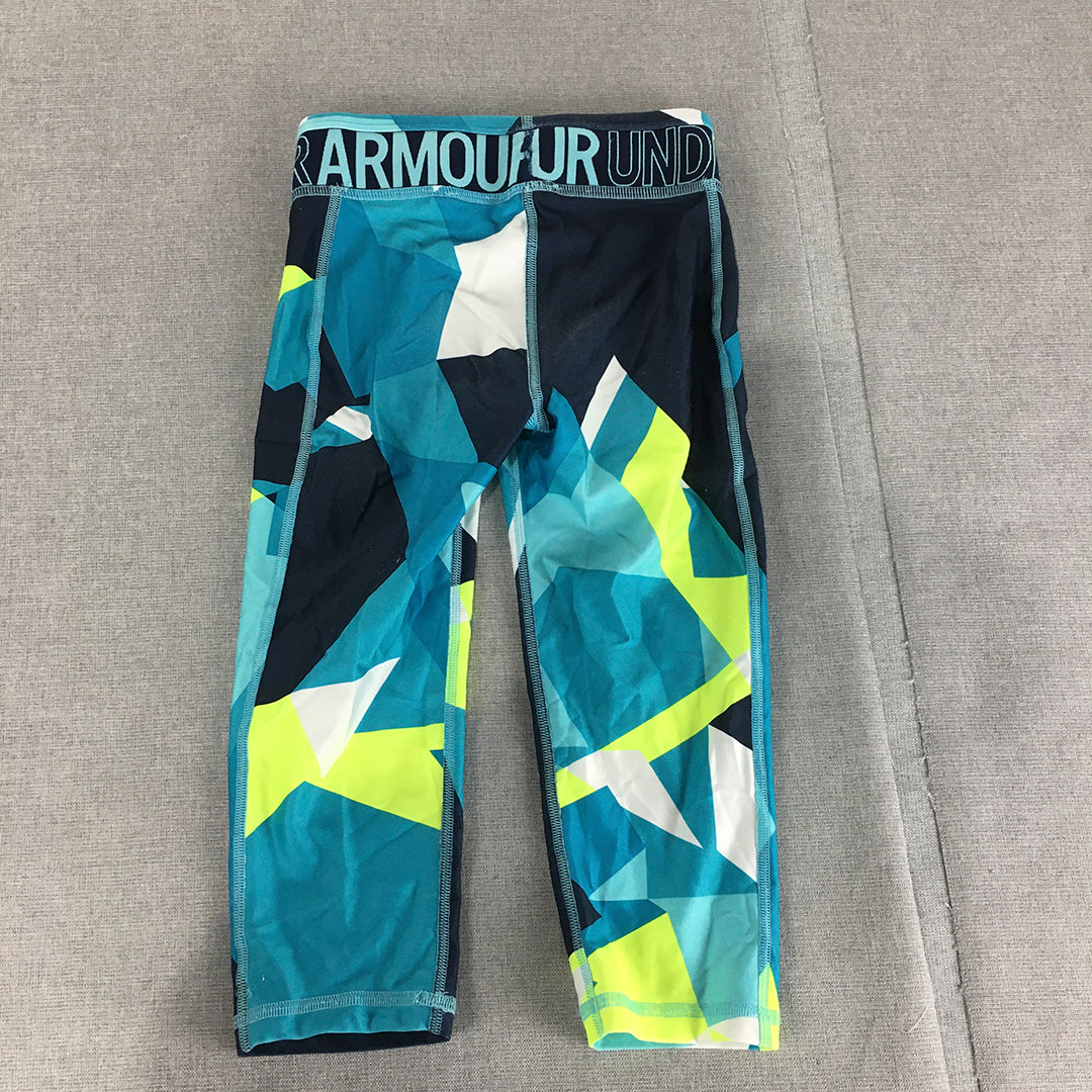 Under Armour Kids Girls Leggings Youth Size S (8 - 10 Years) Blue Geometric Logo