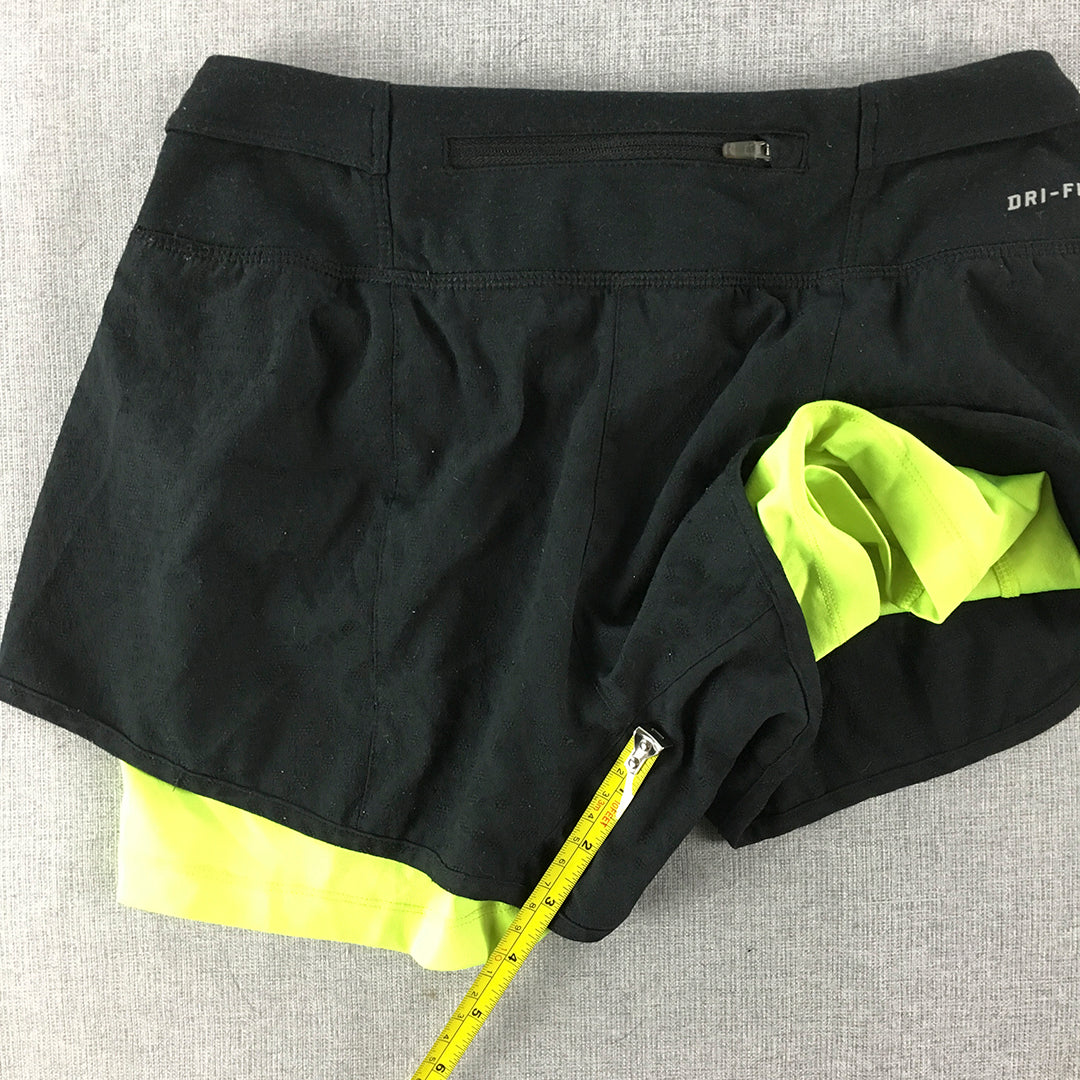 Nike Womens Running Shorts Size XS Black Green Layered Elastic Waist Logo