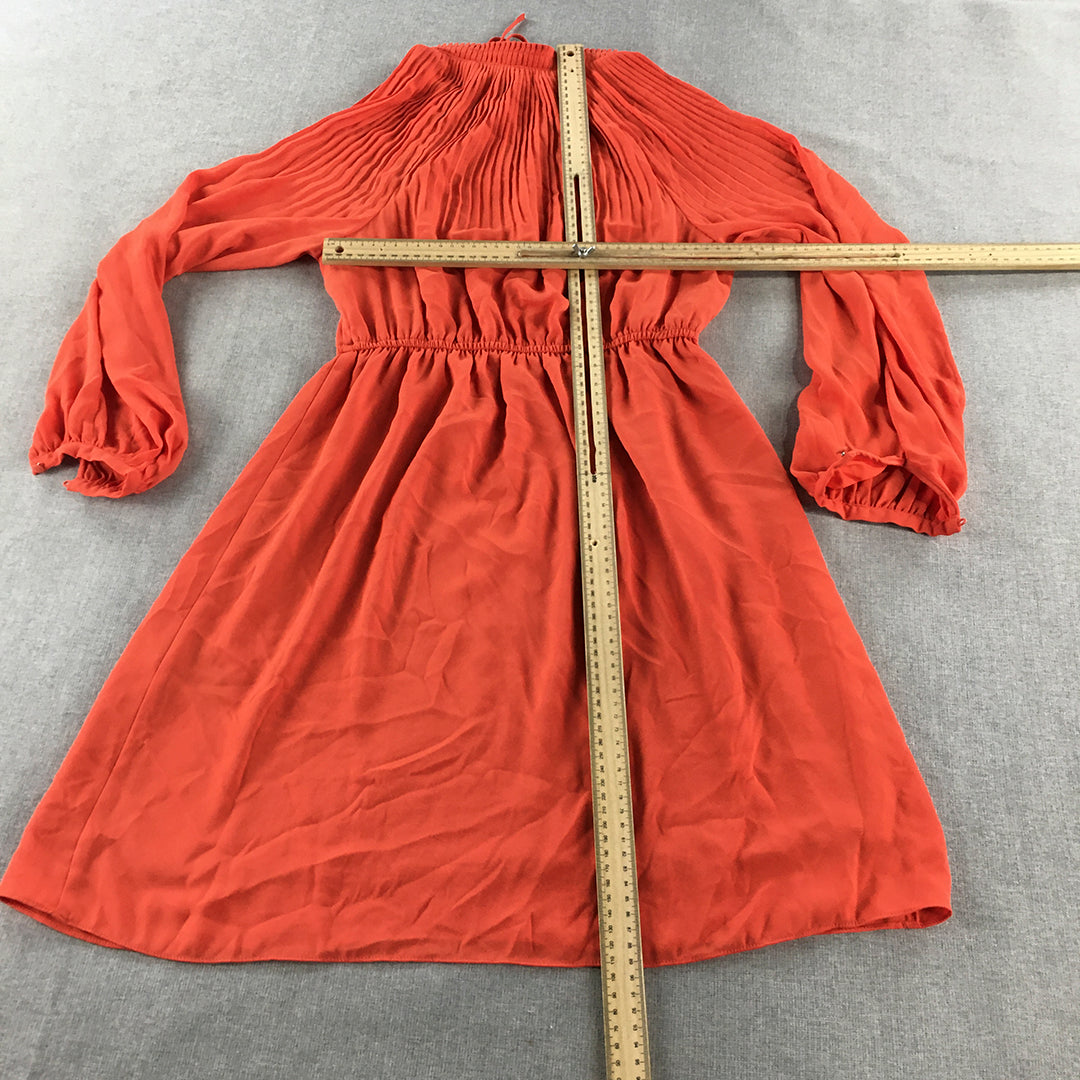 H&M Womens Mini Dress Size XS Orange Fit & Flare Long Sleeve Pleated