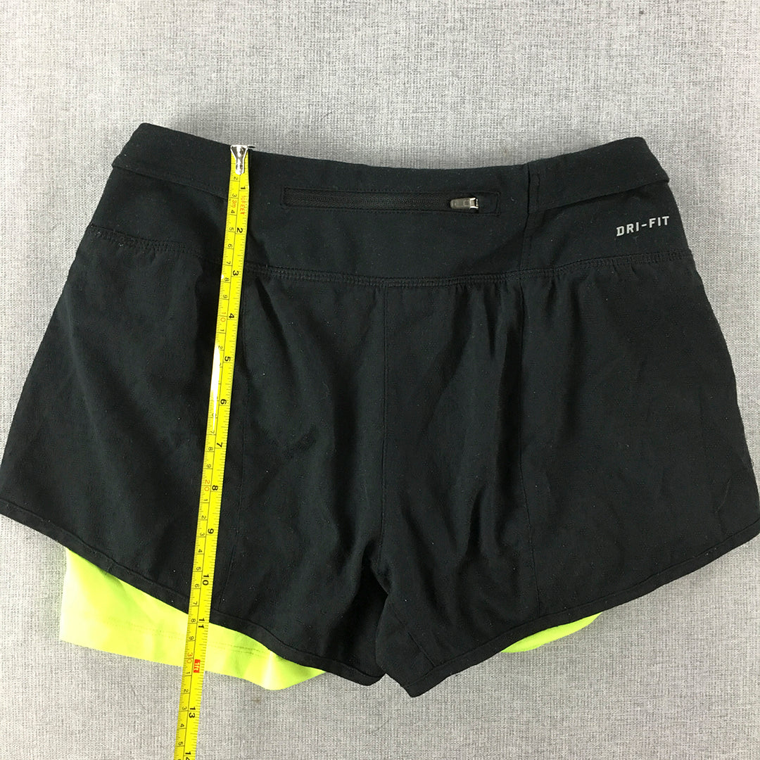 Nike Womens Running Shorts Size XS Black Green Layered Elastic Waist Logo