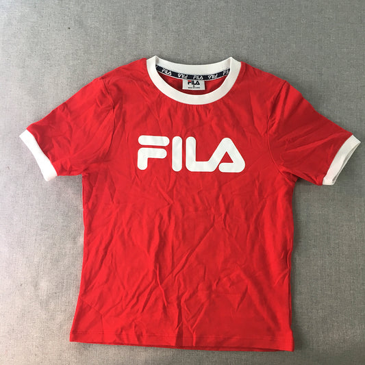 FILA Womens T-Shirt Size 6 Red Big Logo Short Sleeve Crew Neck Top Stretch