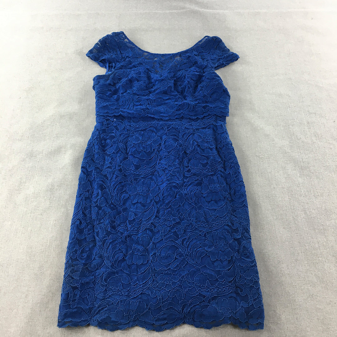 Review Womens Pencil Dress Size 12 Blue Floral Lace Mini Short Sleeve