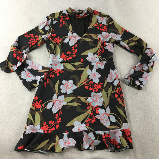 Portmans Womens A-Line Mini Dress Size 12 Black Green Blue Floral Long Sleeve