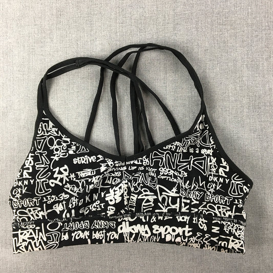 DKNY Womens Sports Bra Size M Black Logo Graffiti Pattern Cropped Top