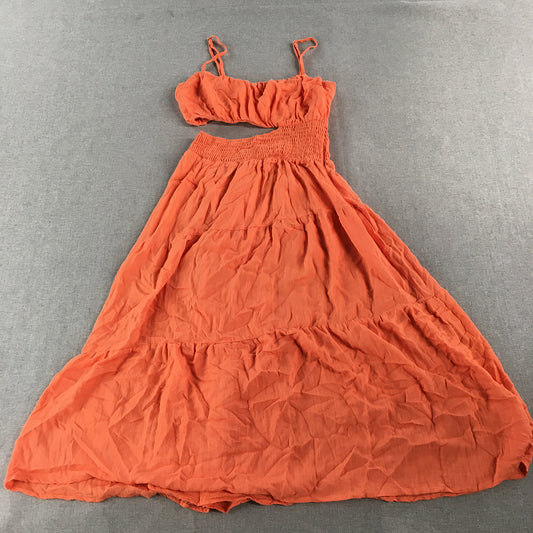 Morning Mist Womens Linen Dress Size 6 Orange Midi Sleeveless A-Line Slit