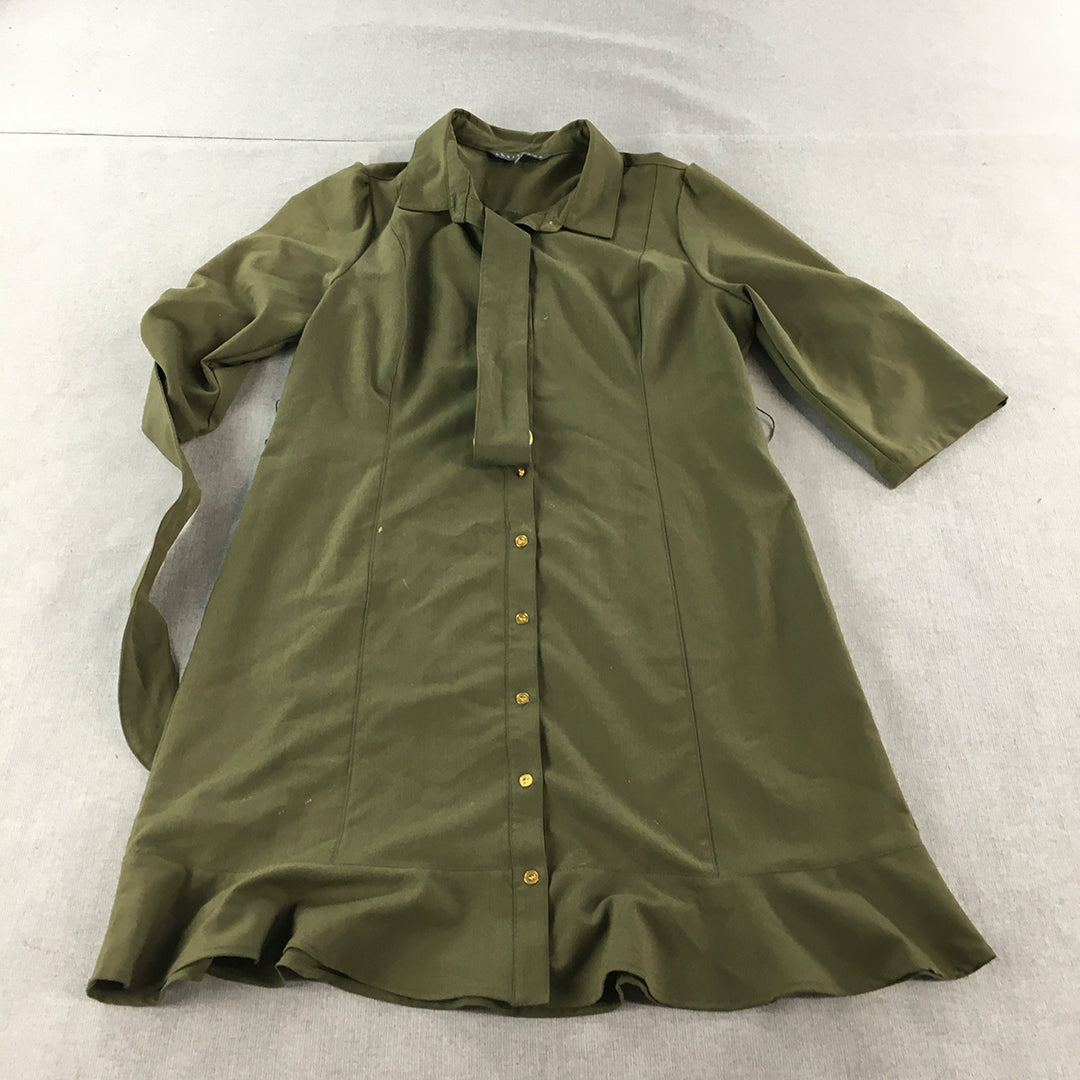 Sharagano Womens Shirt Dress Size 16 Khaki Green Button Up Mini Belted