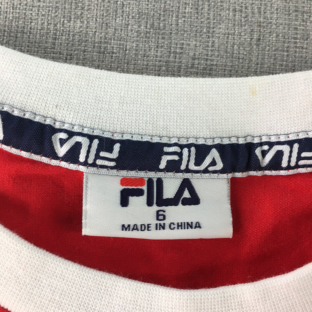 FILA Womens T-Shirt Size 6 Red Big Logo Short Sleeve Crew Neck Top Stretch