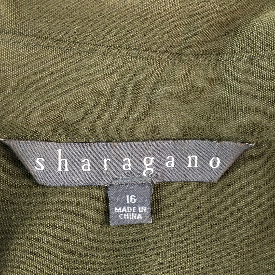 Sharagano Womens Shirt Dress Size 16 Khaki Green Button Up Mini Belted