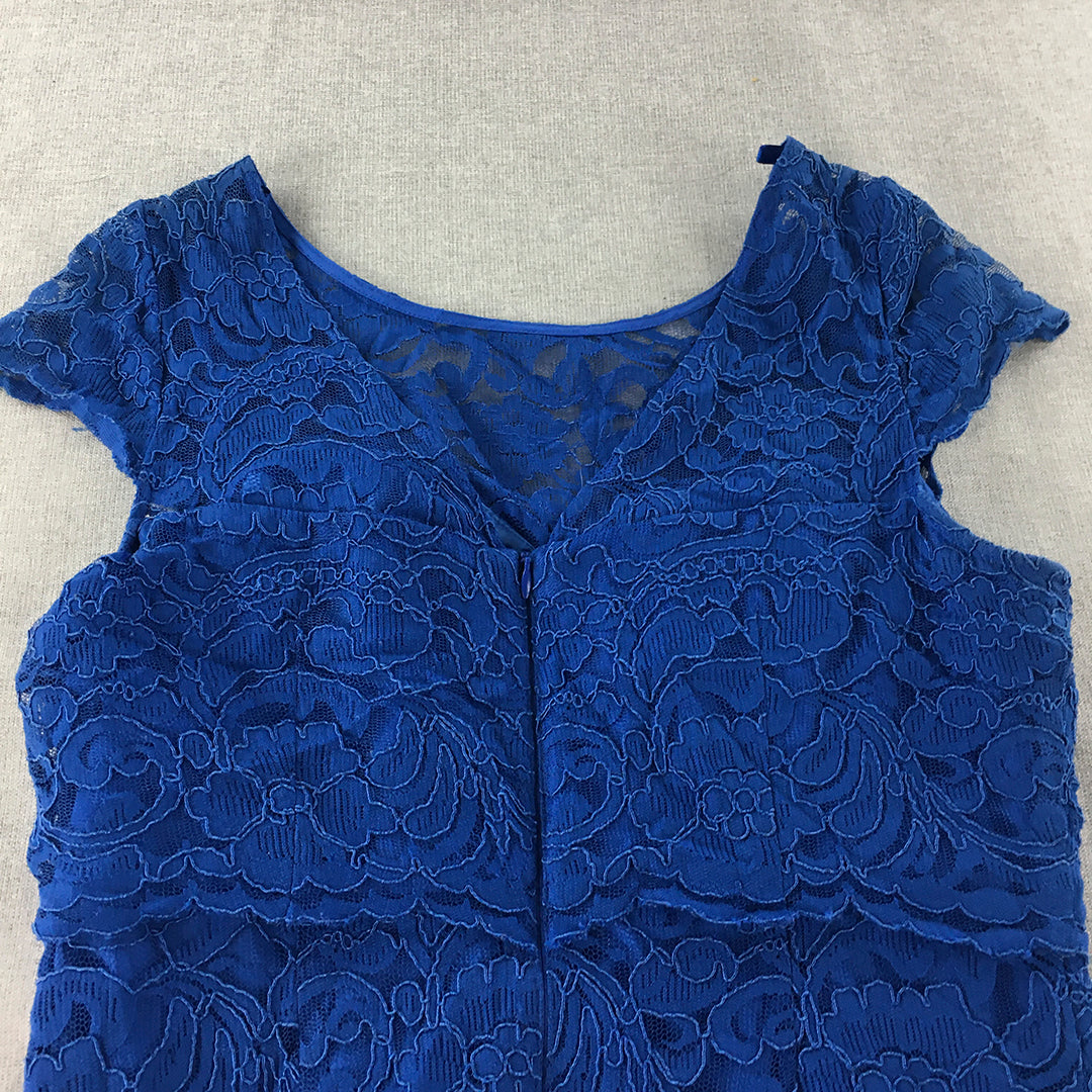 Review Womens Pencil Dress Size 12 Blue Floral Lace Mini Short Sleeve