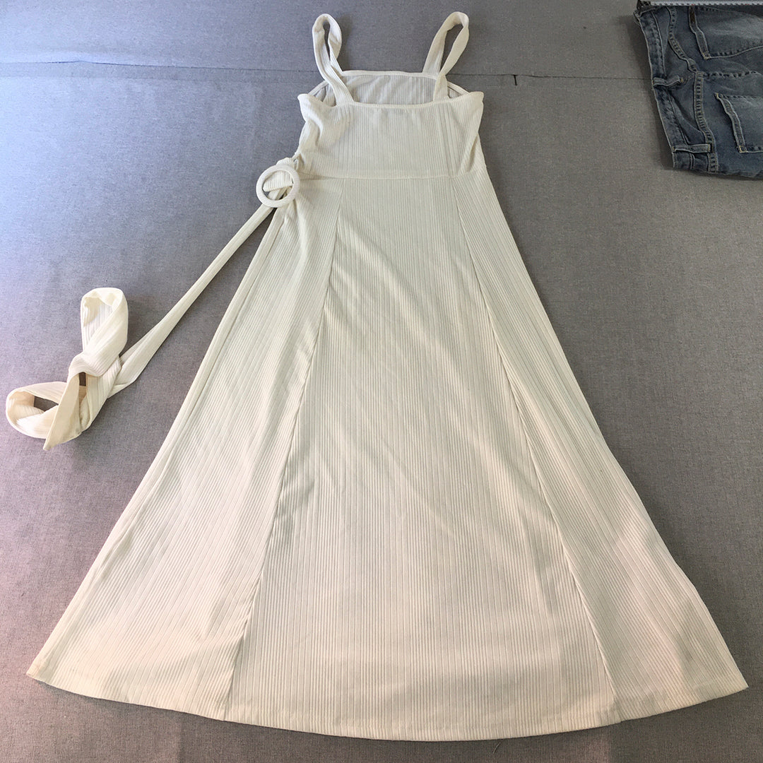 Valleygirl Womens Dress Size S White A-Line Midi Belted Sleeveless Stretch