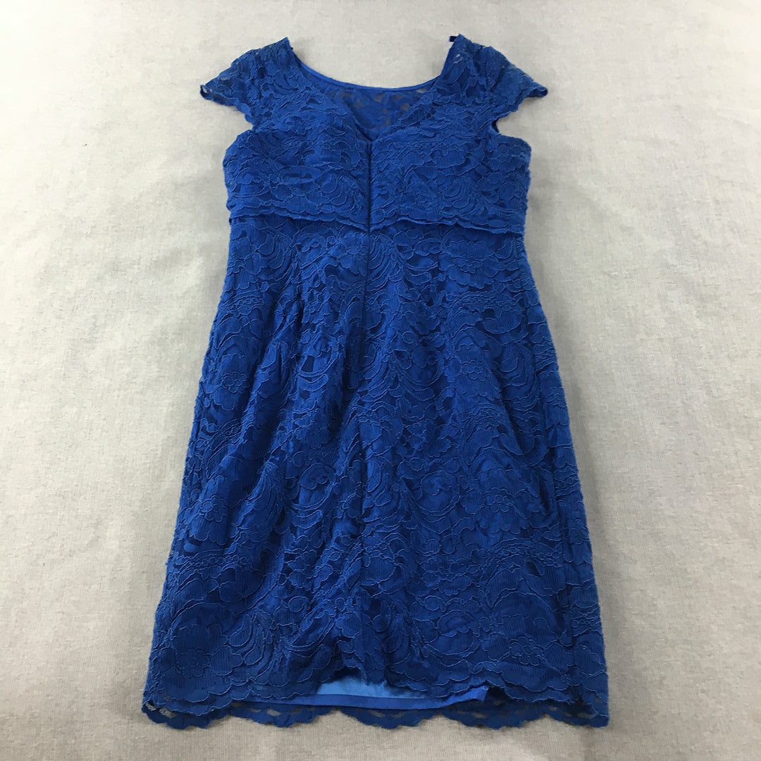 Review Womens Pencil Dress Size 12 Blue Floral Lace Mini Short Sleeve