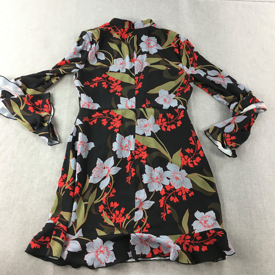 Portmans Womens A-Line Mini Dress Size 12 Black Green Blue Floral Long Sleeve