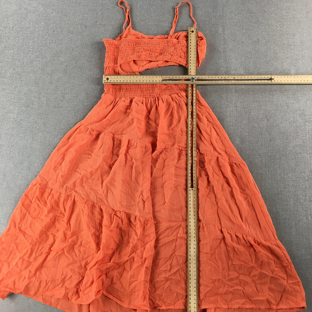 Morning Mist Womens Linen Dress Size 6 Orange Midi Sleeveless A-Line Slit