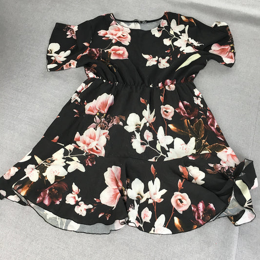 Boohoo Womens Mini Dress Size 20 Black Floral Fit & Flare Short Sleeve