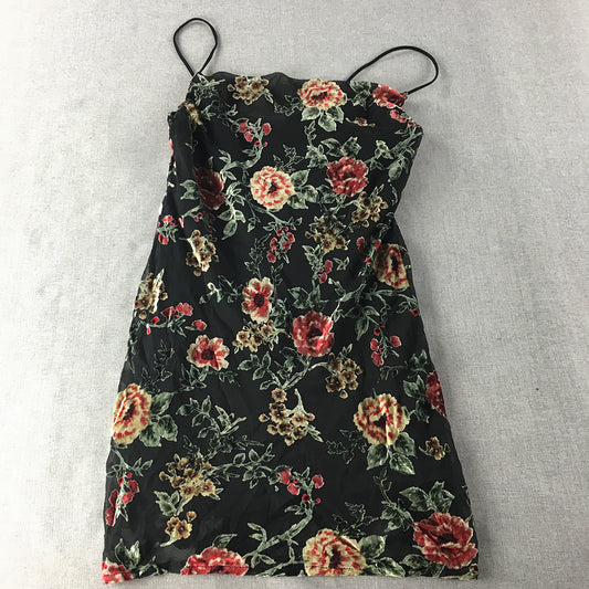 Stellino Womens Mini Dress Size 8 Black Floral Spaghetti Strap