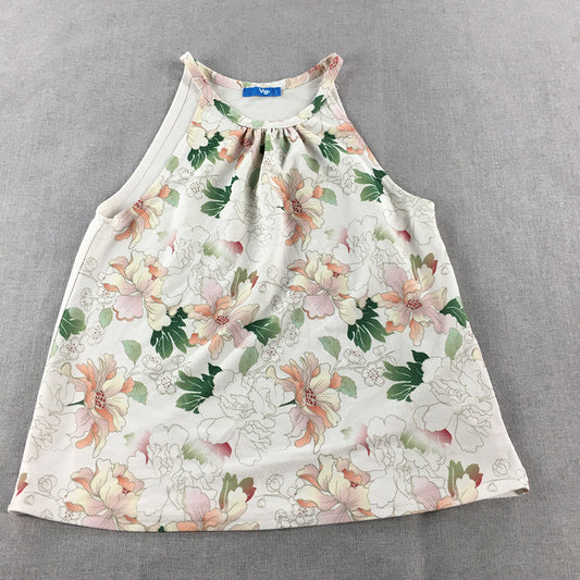 Valleygirl Womens Blouse Size L White Green Pink Floral Sleeveless Top