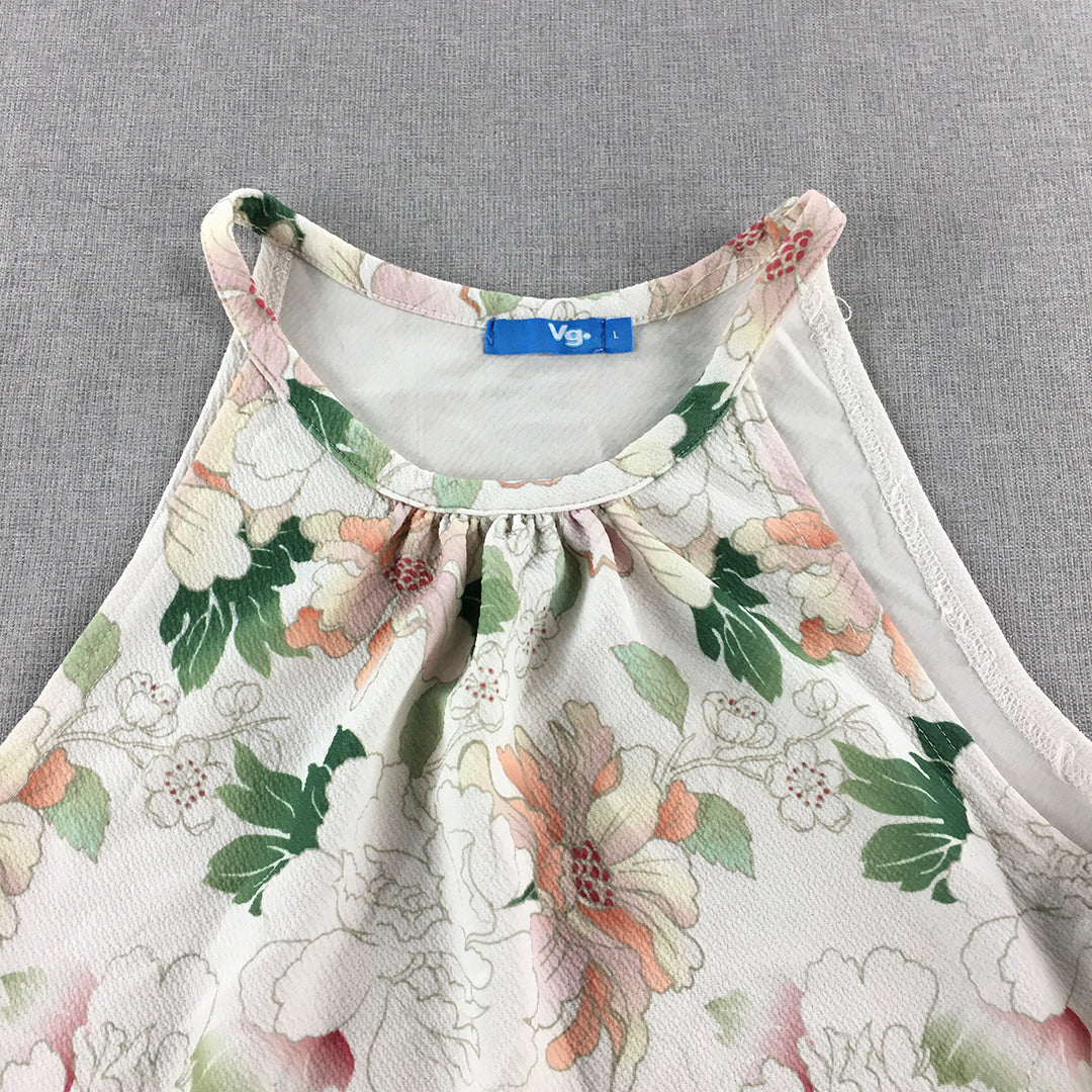 Valleygirl Womens Blouse Size L White Green Pink Floral Sleeveless Top