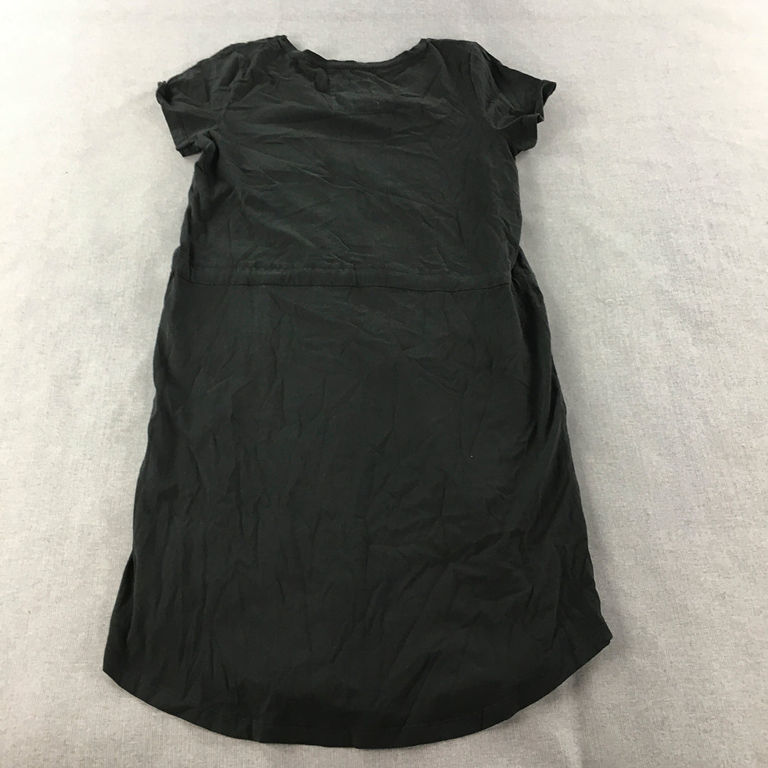 Elm Lifestyle Womens Shirt Dress Size 8 Black Mini Short Sleeve Drawstring Waist