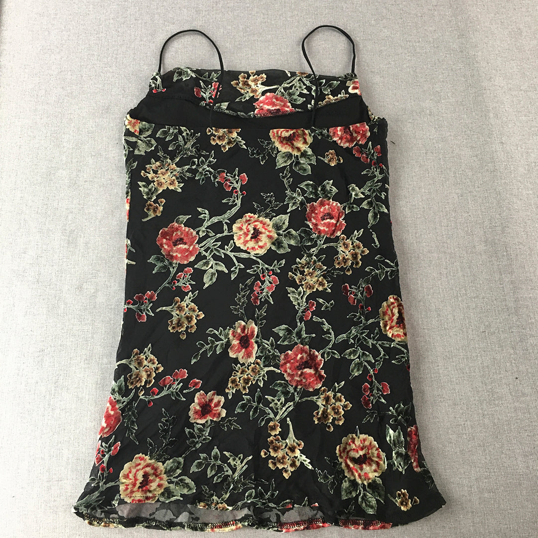 Stellino Womens Mini Dress Size 8 Black Floral Spaghetti Strap