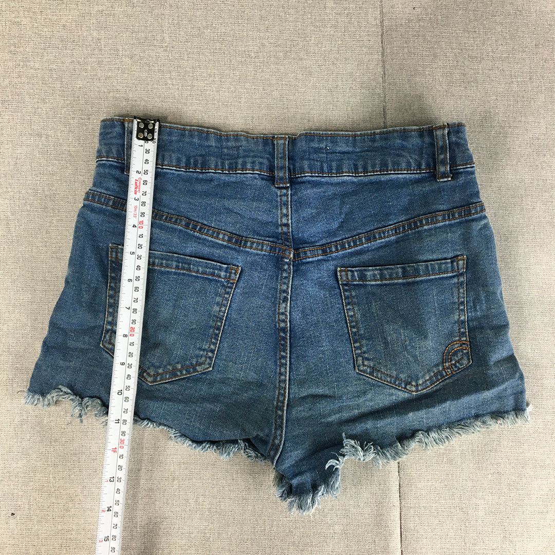 Factorie Womens Denim Shorts Size 8 Blue Raw Hem Pockets High Waist