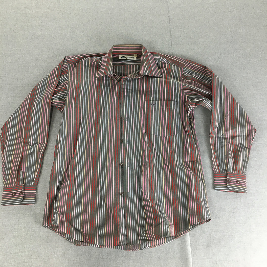 Vintage Lacoste Mens Shirt Size S Black Pink Red Striped Long Sleeve Logo Button