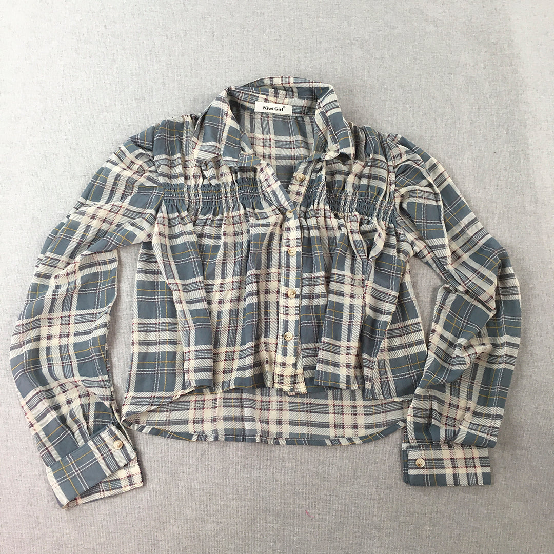 Kiwi Girl Womens Top Size 10 Blue Checkered Button-Up Long Sleeve Shirt