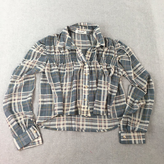 Kiwi Girl Womens Top Size 10 Blue Checkered Button-Up Long Sleeve Shirt