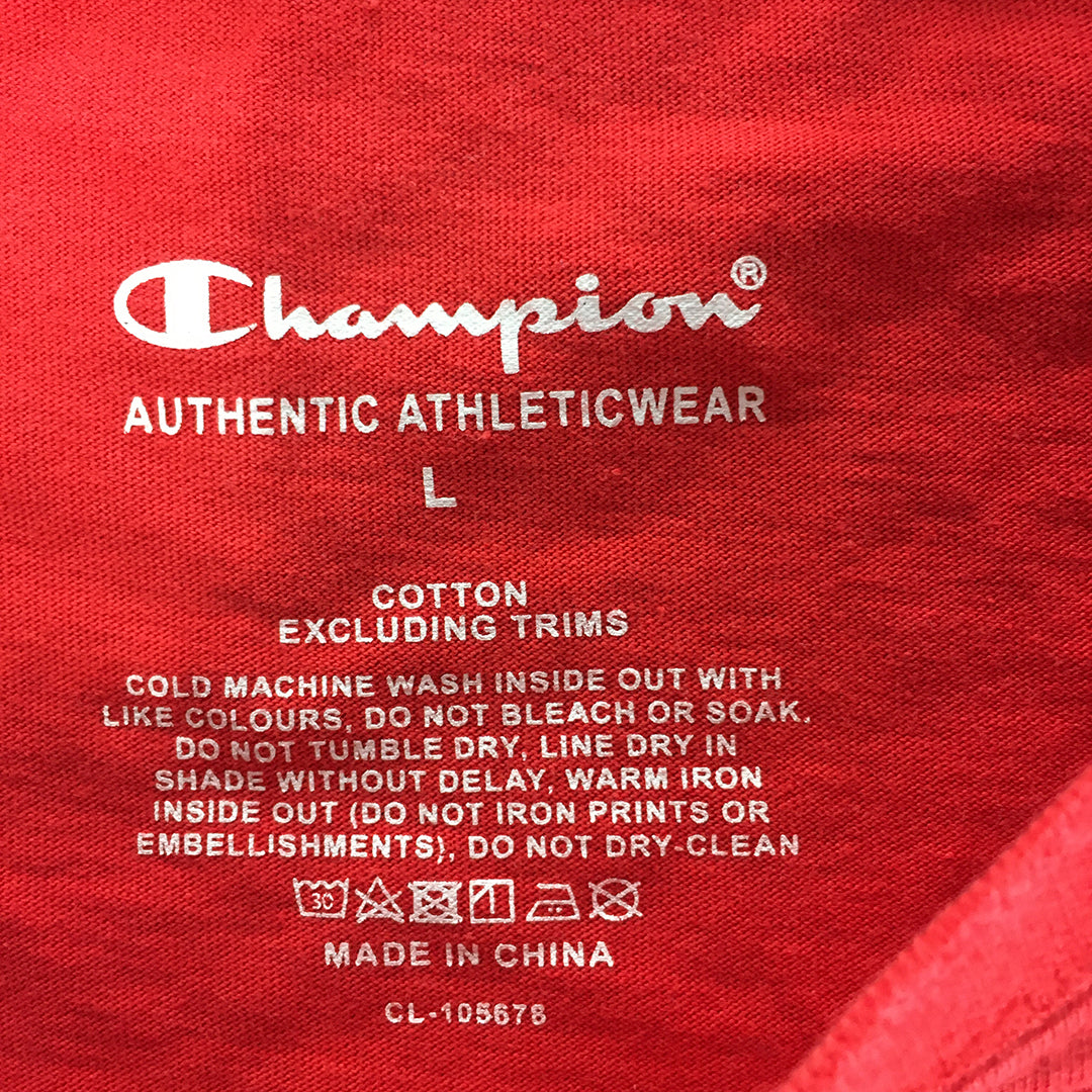 Champion Mens T-Shirt Size L Red Big Logo Crew Neck Short Sleeve