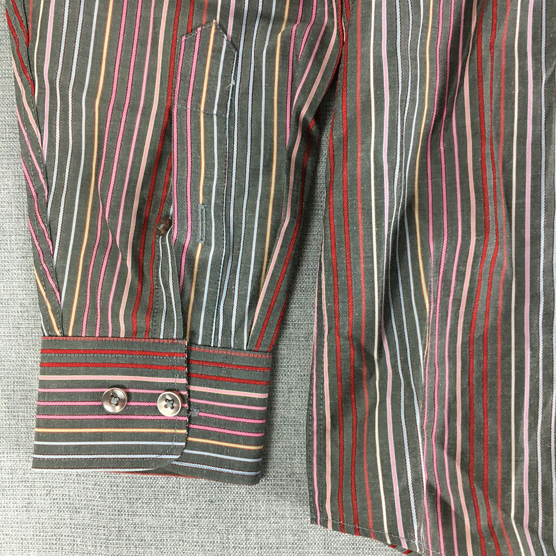 Vintage Lacoste Mens Shirt Size S Black Pink Red Striped Long Sleeve Logo Button