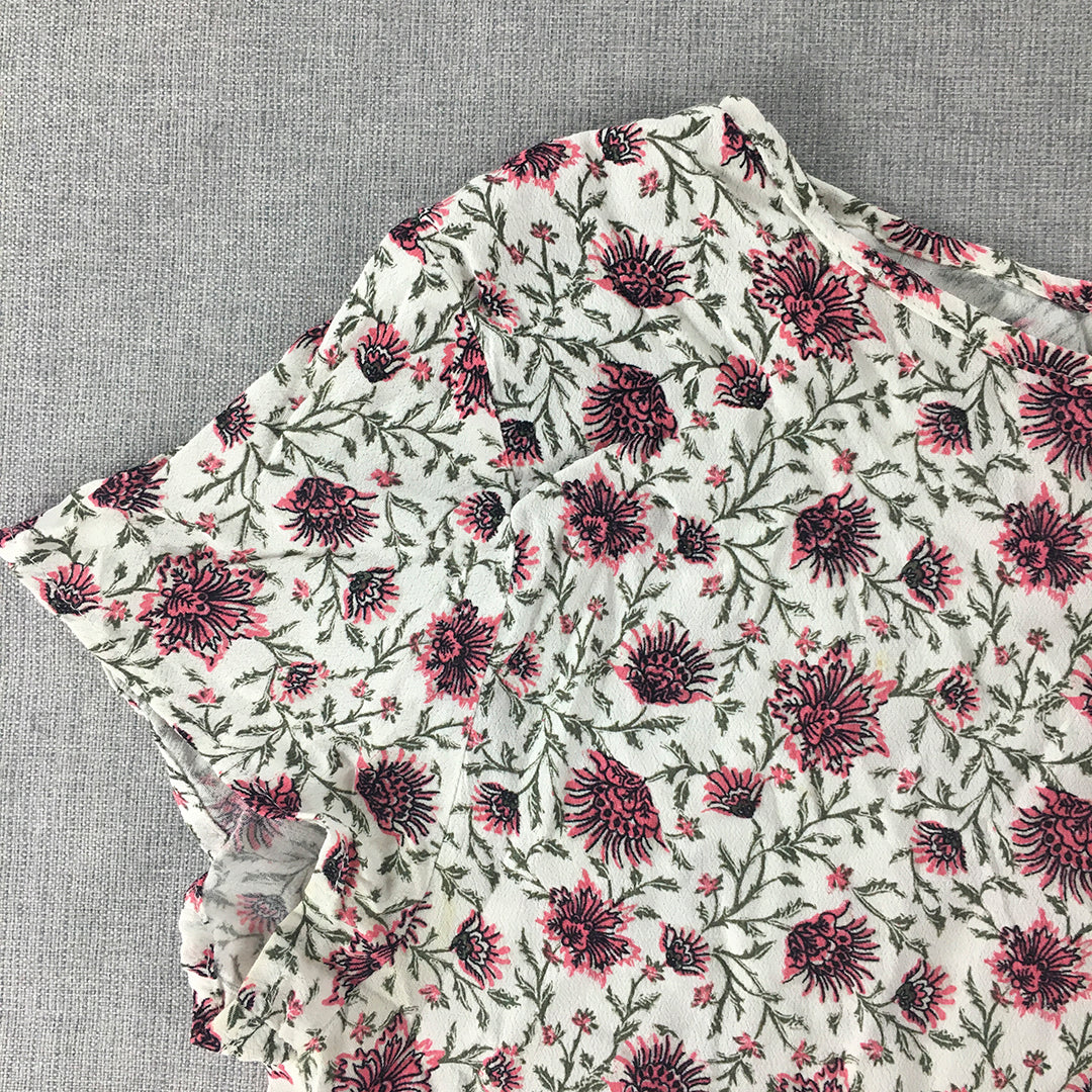 H&M Womens Top Size 6 White Pink Floral Short Sleeve Shirt