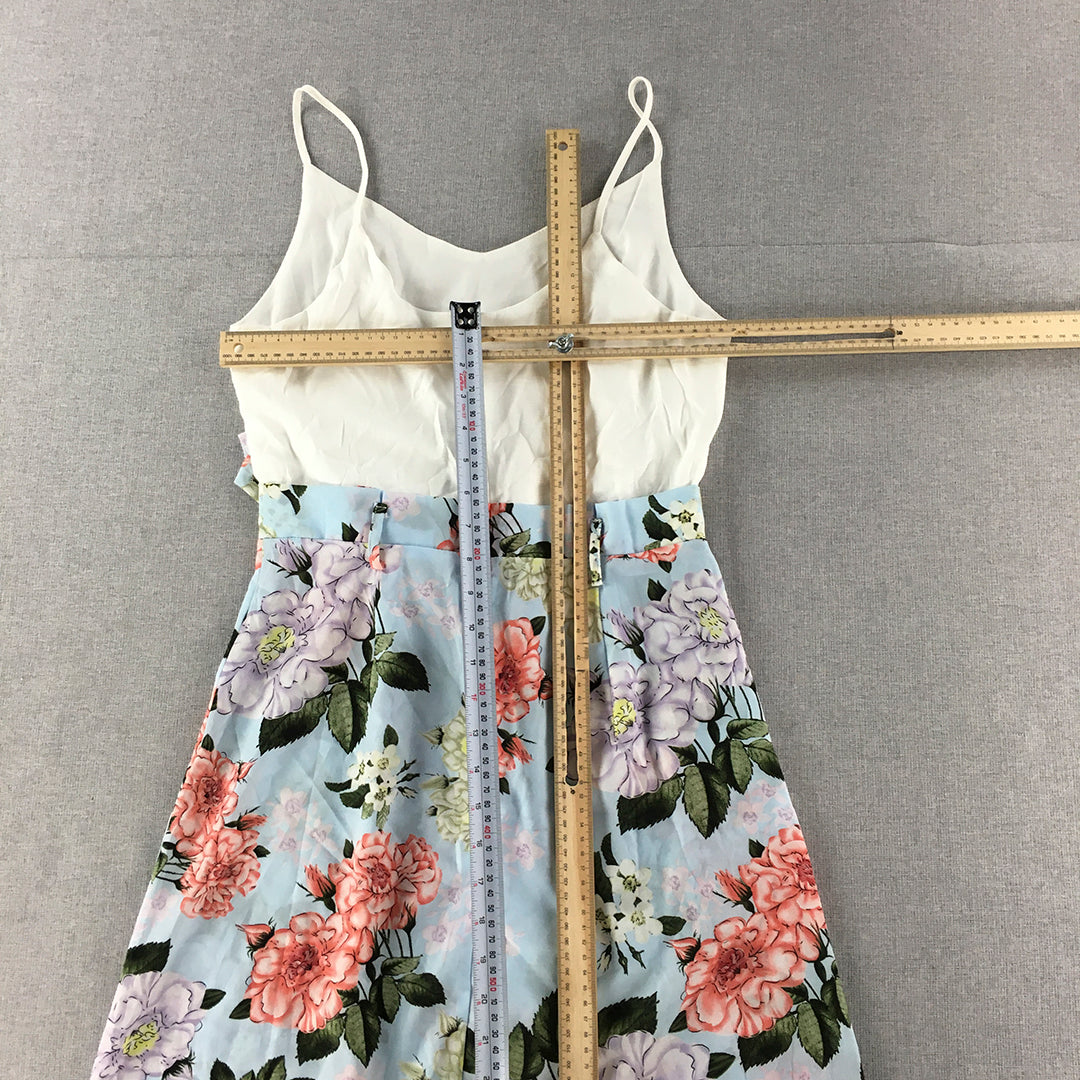 Valleygirl Womens Dress Size 10 White Blue Floral Sleeveless Fit & Flare Midi