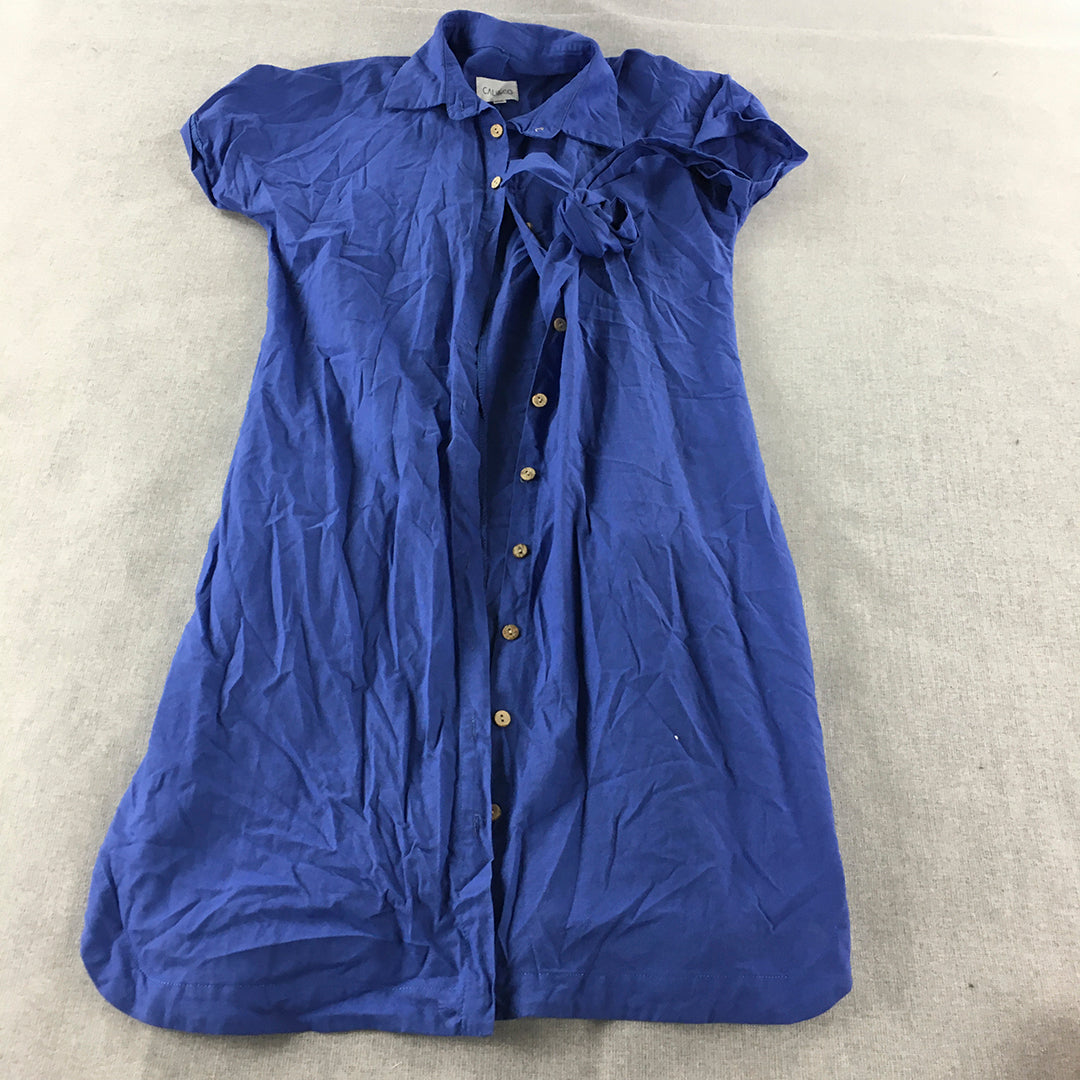 Cali & Co Womens Linen Shirt Dress Size M/L Blue Button Up Belted Short Sleeve