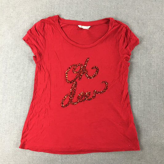 H&M Womens T-Shirt Size S Red Oh Deer Sequin Short Sleeve Top