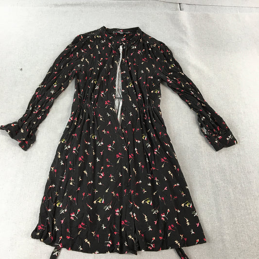 French Connection Womens Shirt Dress Size 8 Black Floral Long Sleeve Button Up