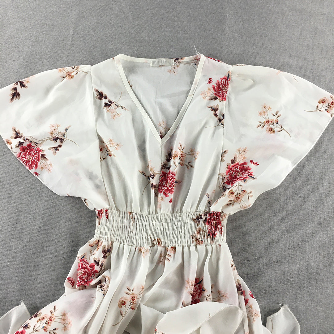 Malibu Womens Dress Size 12 White Floral Fit & Flare Midi Short Sleeve