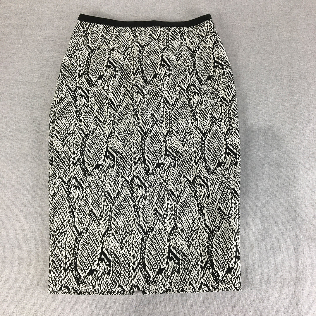 Veronika Maine Womens Midi Skirt Size 8 White Black Snakeskin Pattern Straight