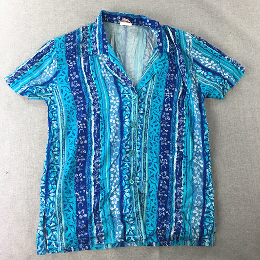 Vintage SC Womens Hawaiian Shirt Size 10 Blue Floral Button-Up Aloha Striped