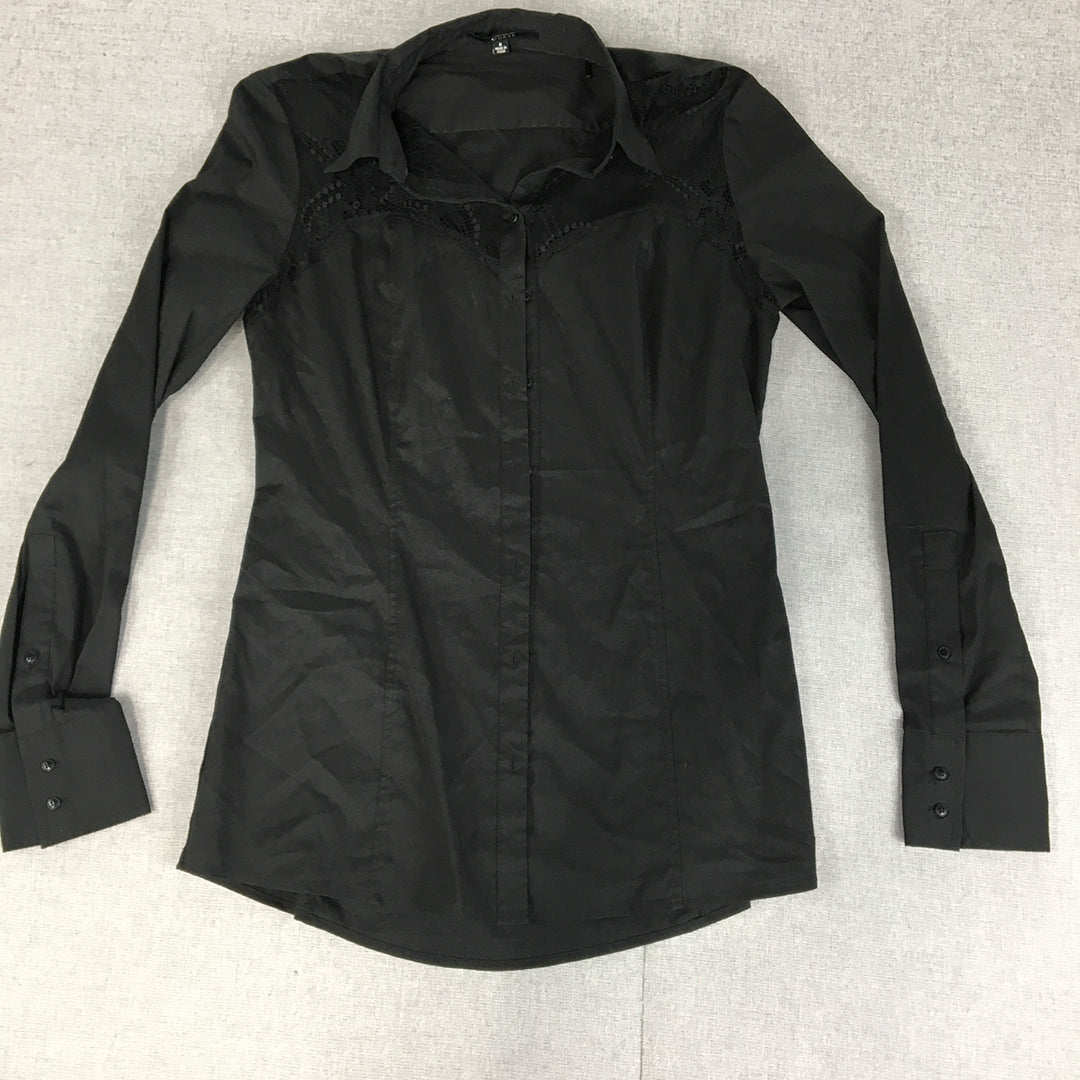 Guess Womens Shirt Size M Black Stretch Fabric Long Sleeve Button-Up Collared