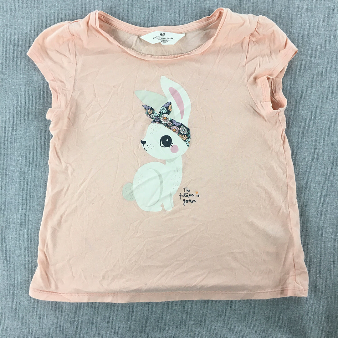 H&M Kids Girls T-Shirt Size 7 - 8 Years Pink Bunny Rabbit Short Sleeve Top