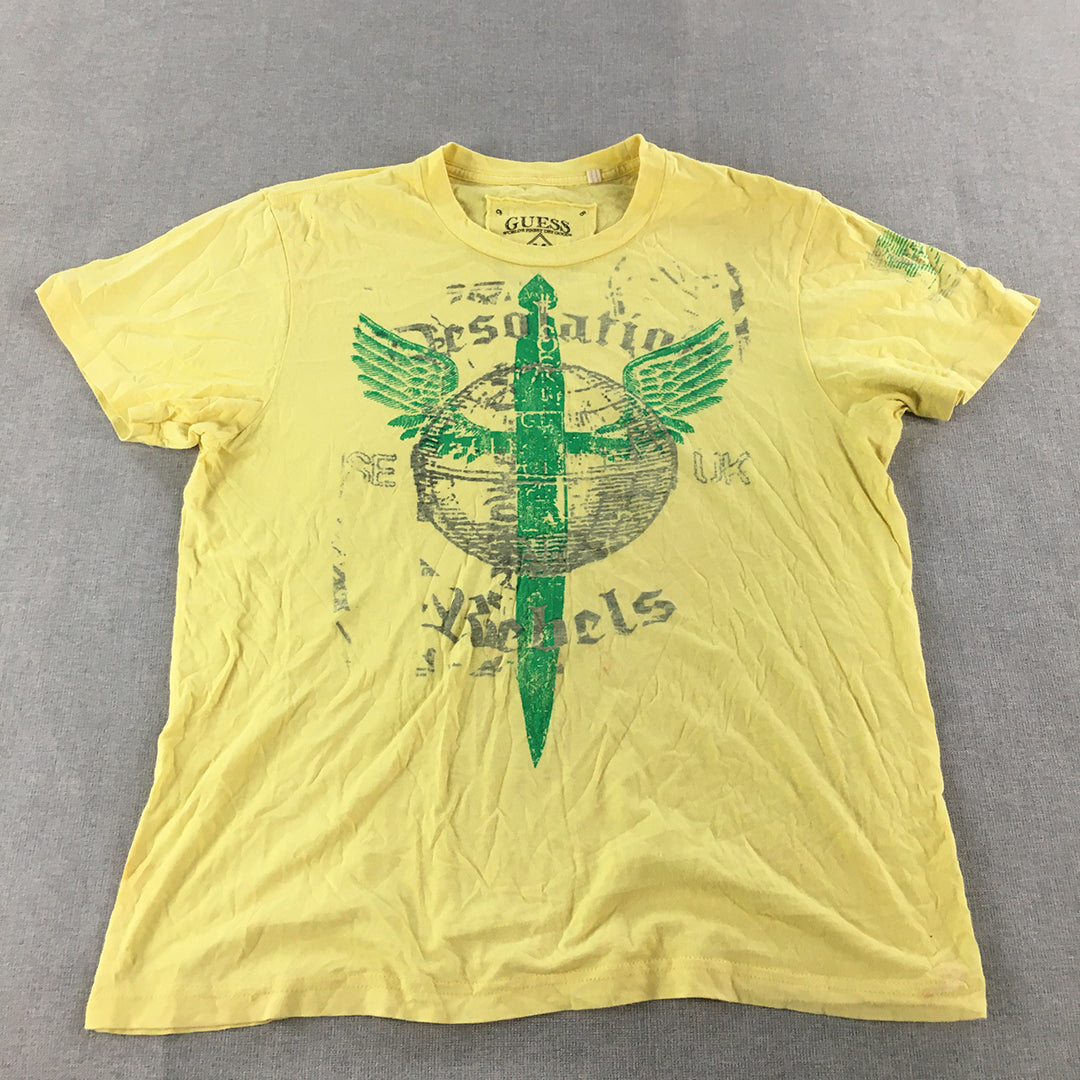 Guess Mens T-Shirt Size M Yellow Grunge Logo Short Sleeve Tee