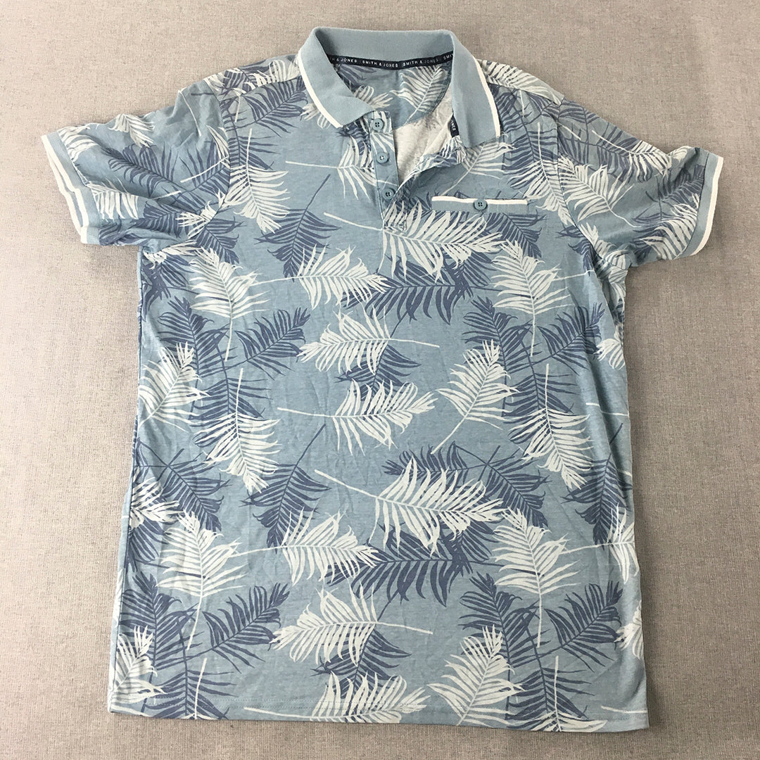 Smith & Jones Mens Polo Shirt Size M Blue Floral Palm Short Sleeve Rugby