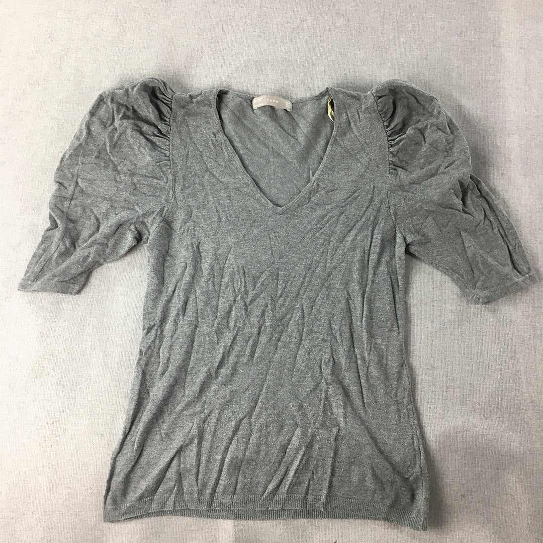 Zara Womens T-Shirt Size M Grey V-Neck Ruched Short Sleeve Top