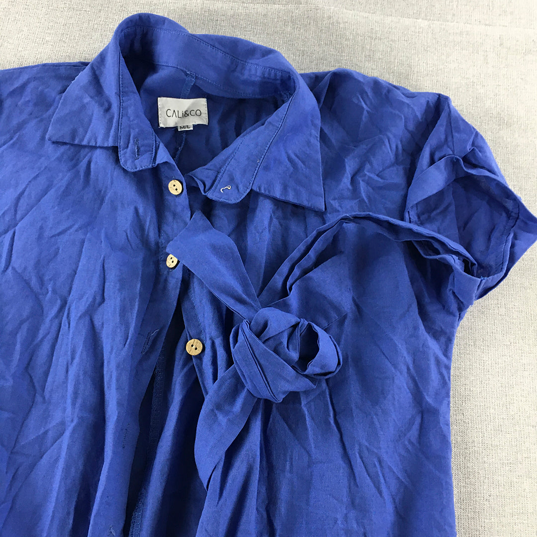 Cali & Co Womens Linen Shirt Dress Size M/L Blue Button Up Belted Short Sleeve