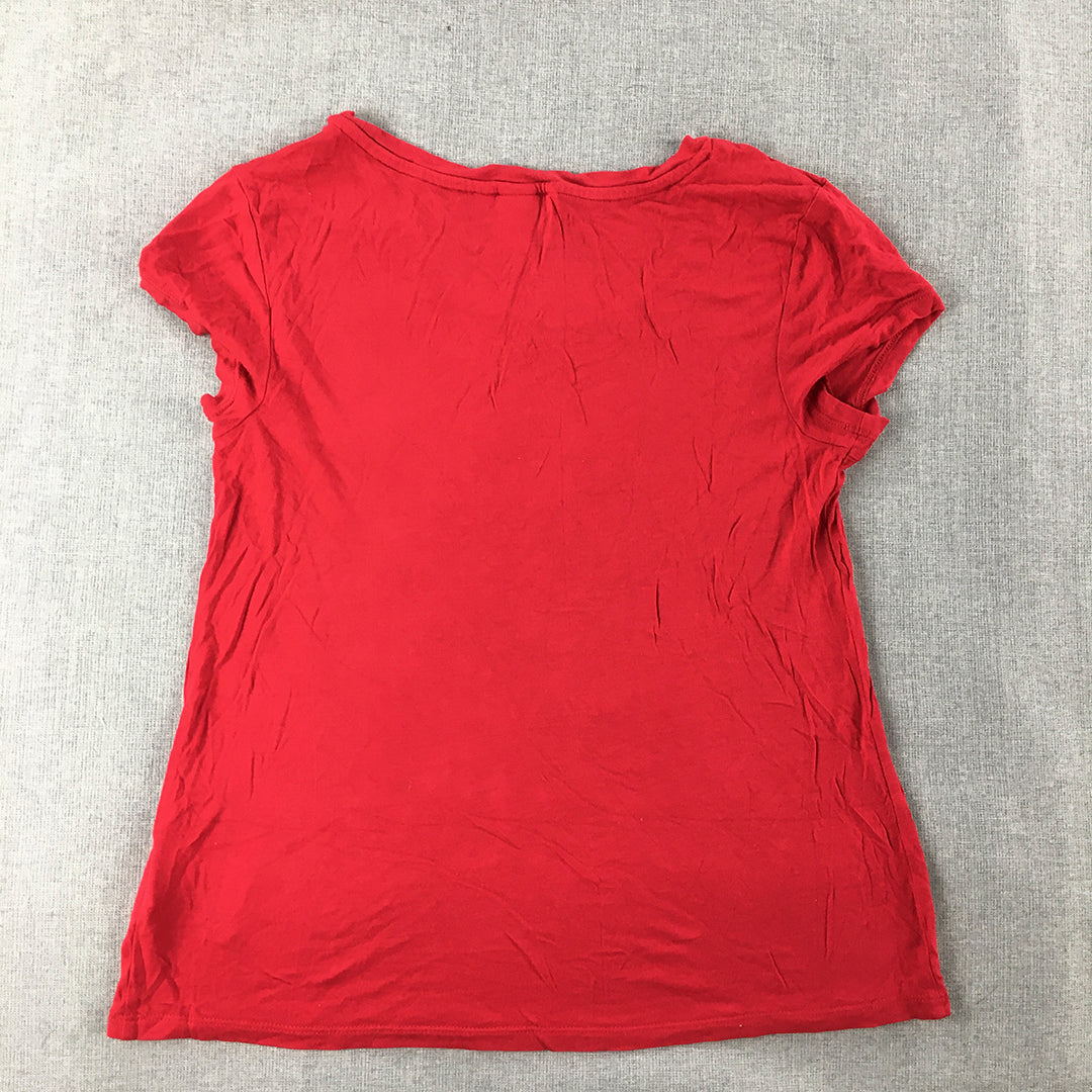 H&M Womens T-Shirt Size S Red Oh Deer Sequin Short Sleeve Top